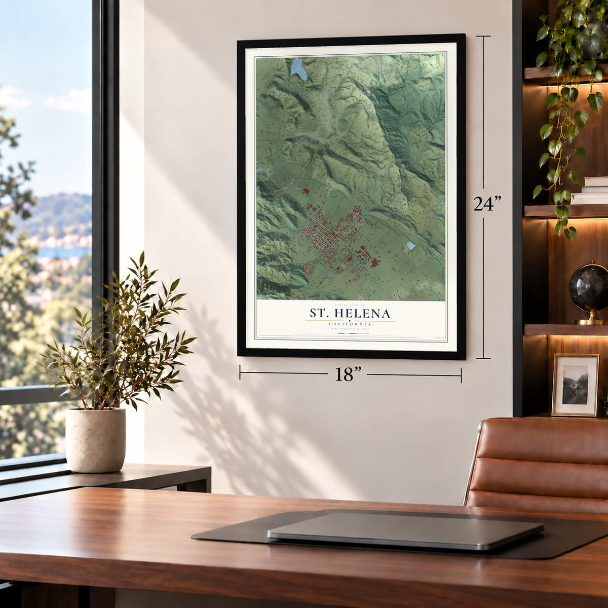 St. Helena, California map, 18 x 24 inch print in a black frame in a home office
