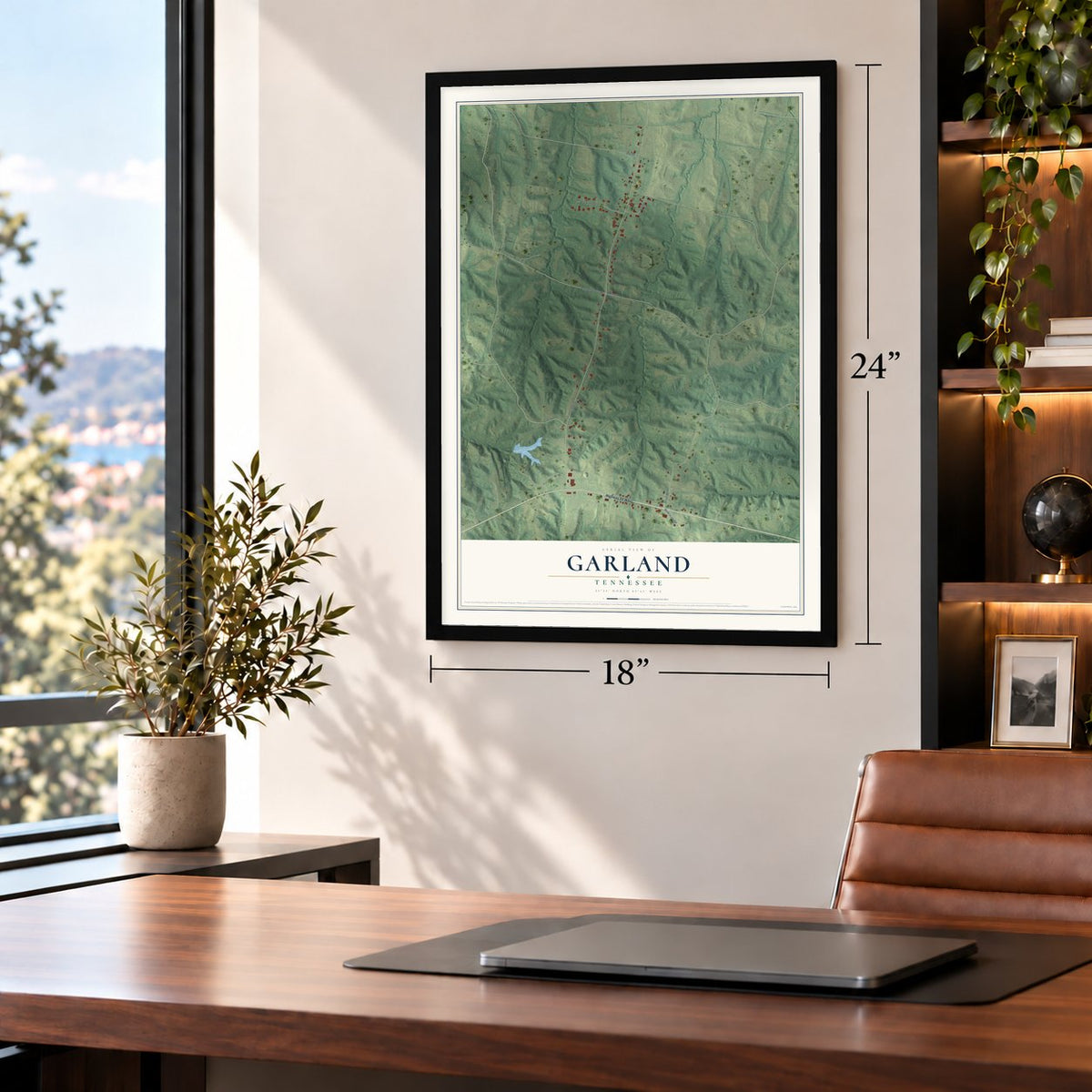 Garland, Tennessee map, 18 x 24 inch print in a black frame in a home office