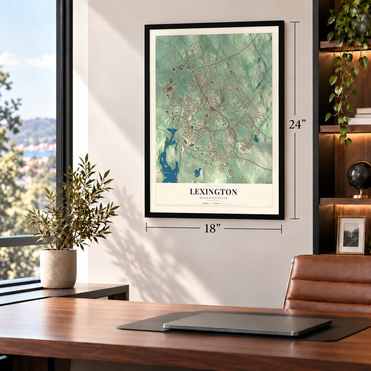 Lexington, Massachusetts map, 18 x 24 inch print in a black frame in a home office