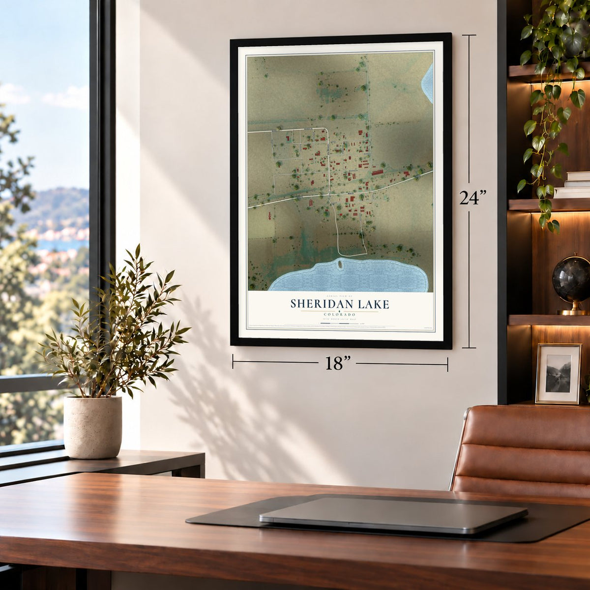 Sheridan Lake, Colorado map, 18 x 24 inch print in a black frame in a home office