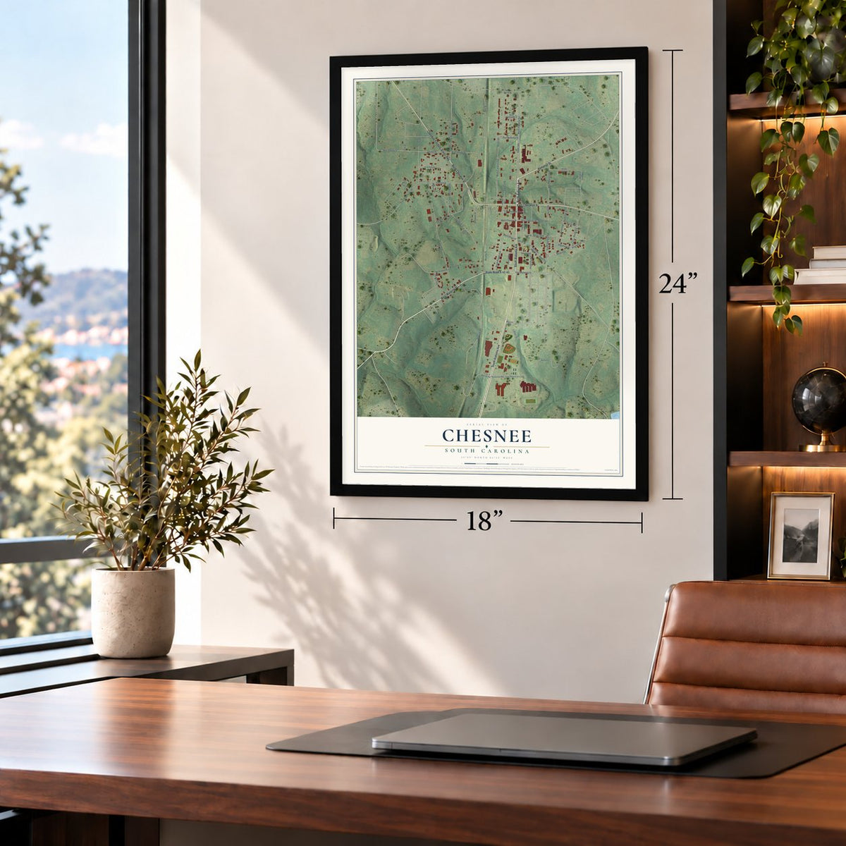 Chesnee, South Carolina map, 18 x 24 inch print in a black frame in a home office