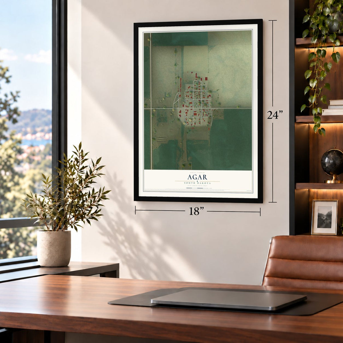 Agar, South Dakota map, 18 x 24 inch print in a black frame in a home office