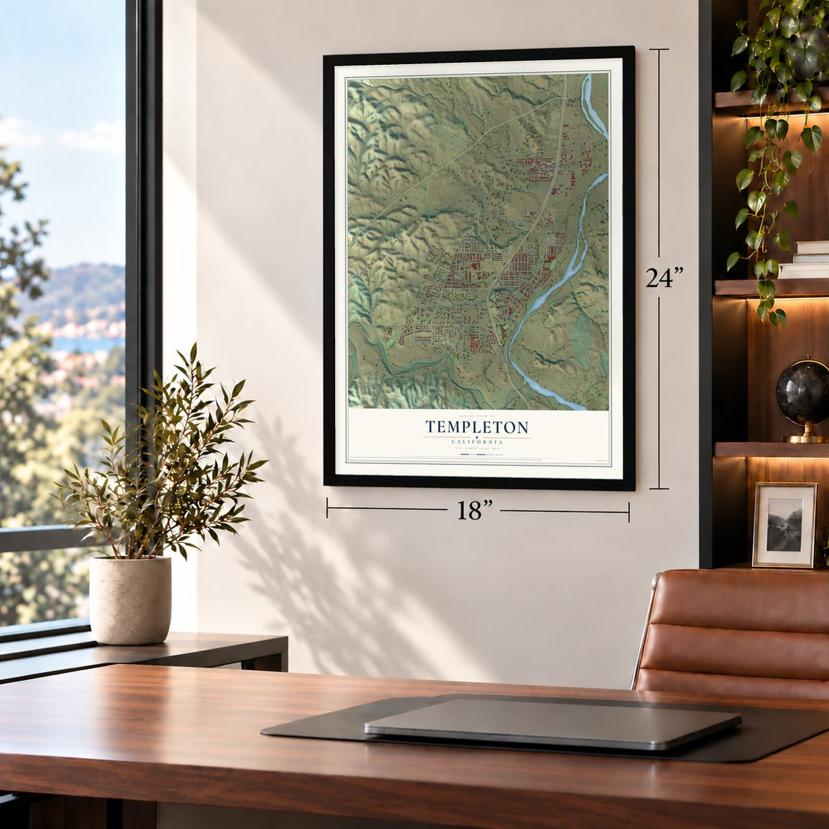 Templeton, California map, 18 x 24 inch print in a black frame in a home office