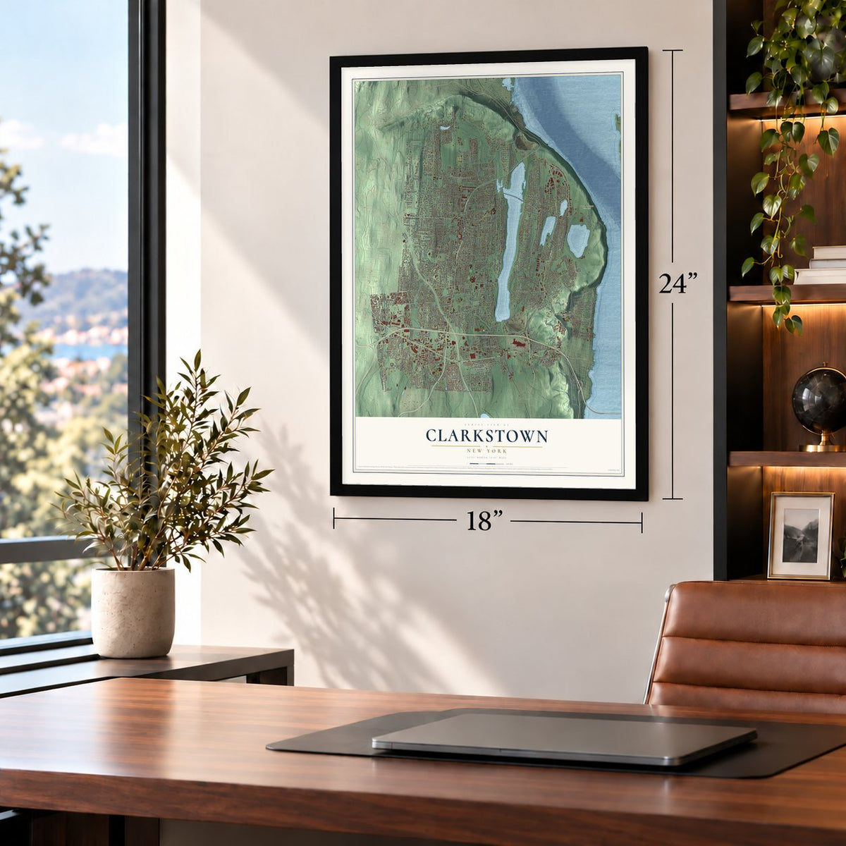 Clarkstown, New York map, 18 x 24 inch print in a black frame in a home office