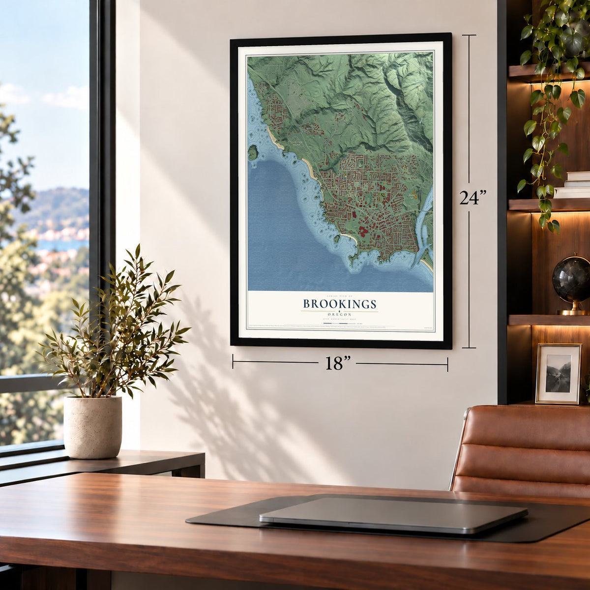 Brookings, Oregon map, 18 x 24 inch print in a black frame in a home office
