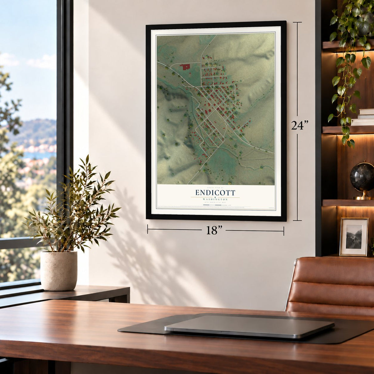 Endicott, Washington map, 18 x 24 inch print in a black frame in a home office