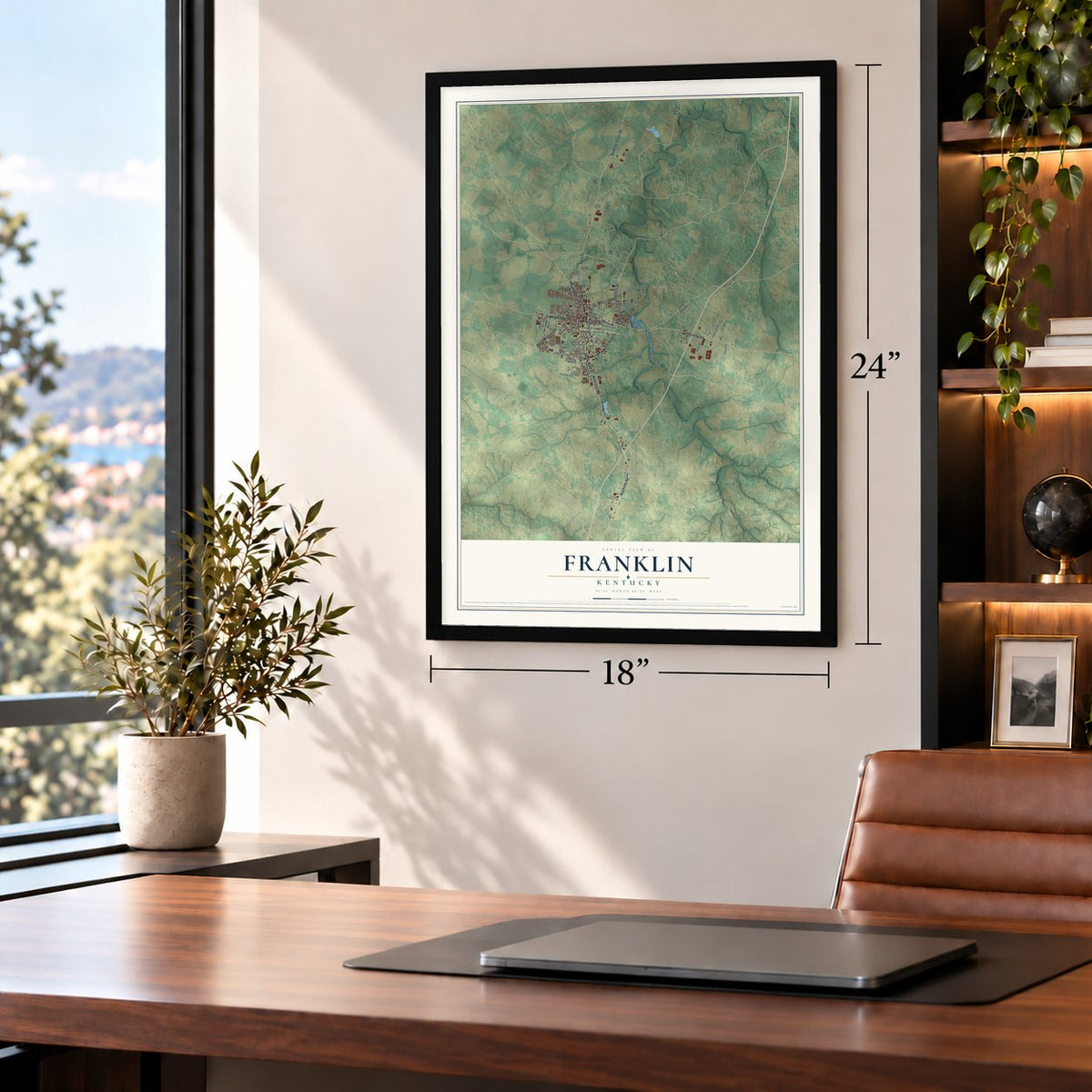 Franklin, Kentucky map, 18 x 24 inch print in a black frame in a home office