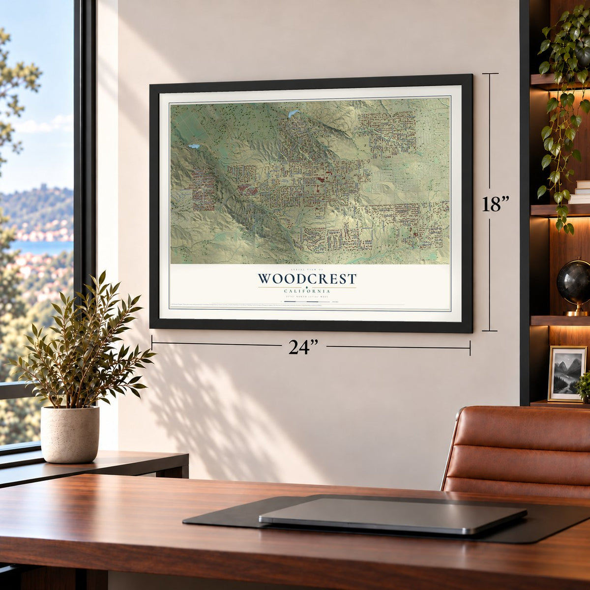 Woodcrest, California map, 18 x 24 inch print in a black frame in a home office