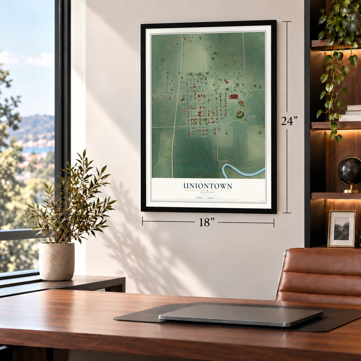 Uniontown, Kansas map, 18 x 24 inch print in a black frame in a home office
