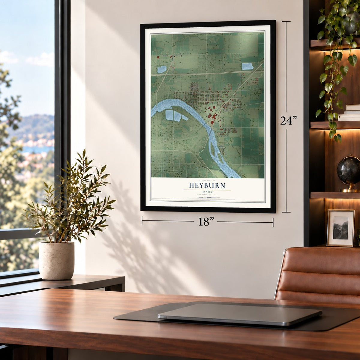 Heyburn, Idaho map, 18 x 24 inch print in a black frame in a home office