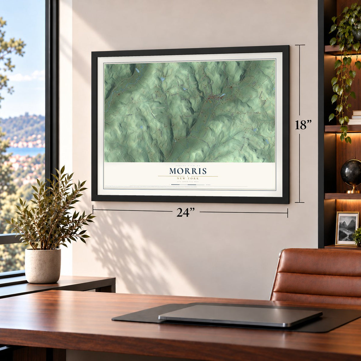 Morris, New York map, 18 x 24 inch print in a black frame in a home office
