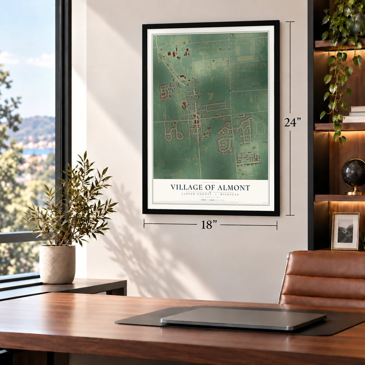 Almont, Michigan map, 18 x 24 inch print in a black frame in a home office