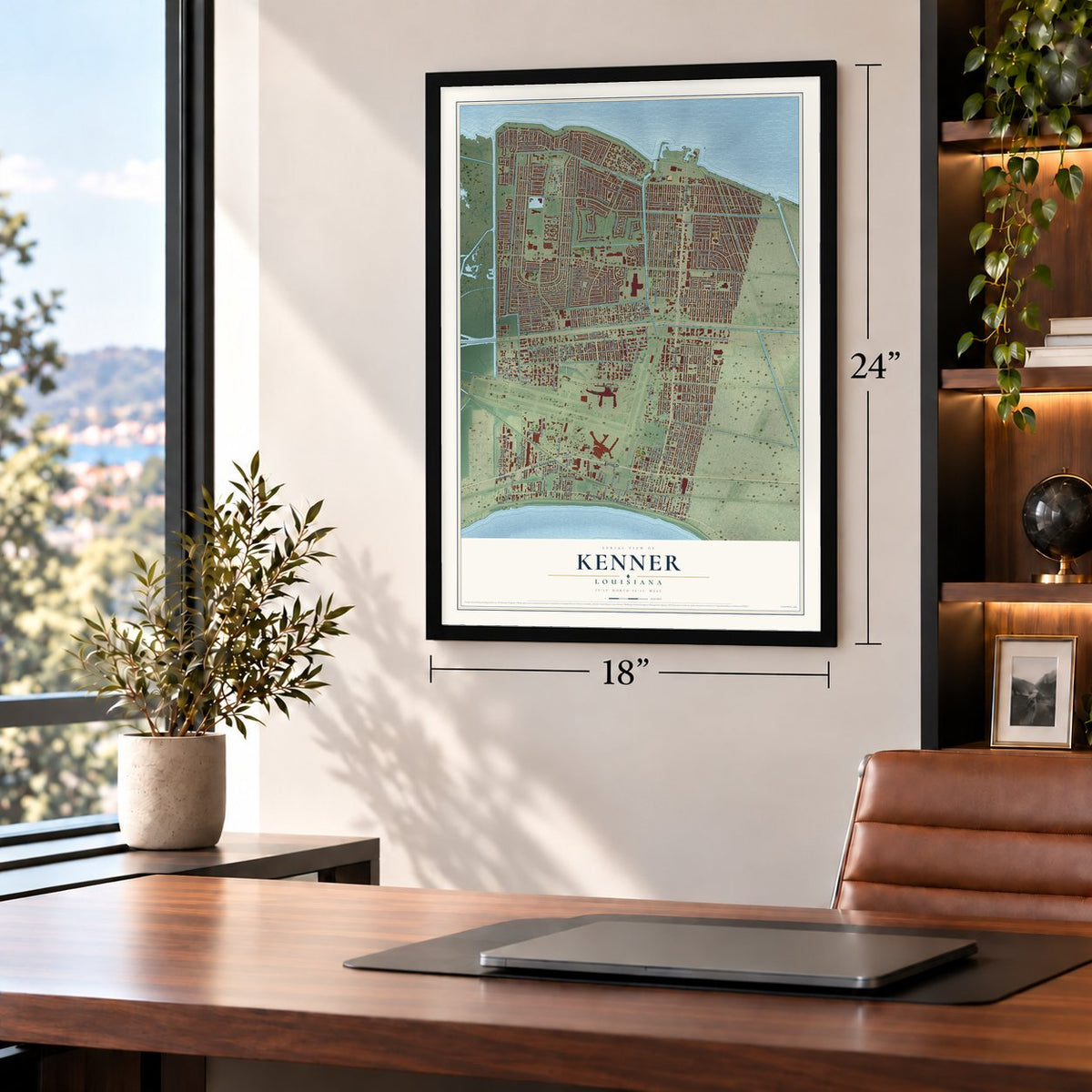 Kenner, Louisiana map, 18 x 24 inch print in a black frame in a home office