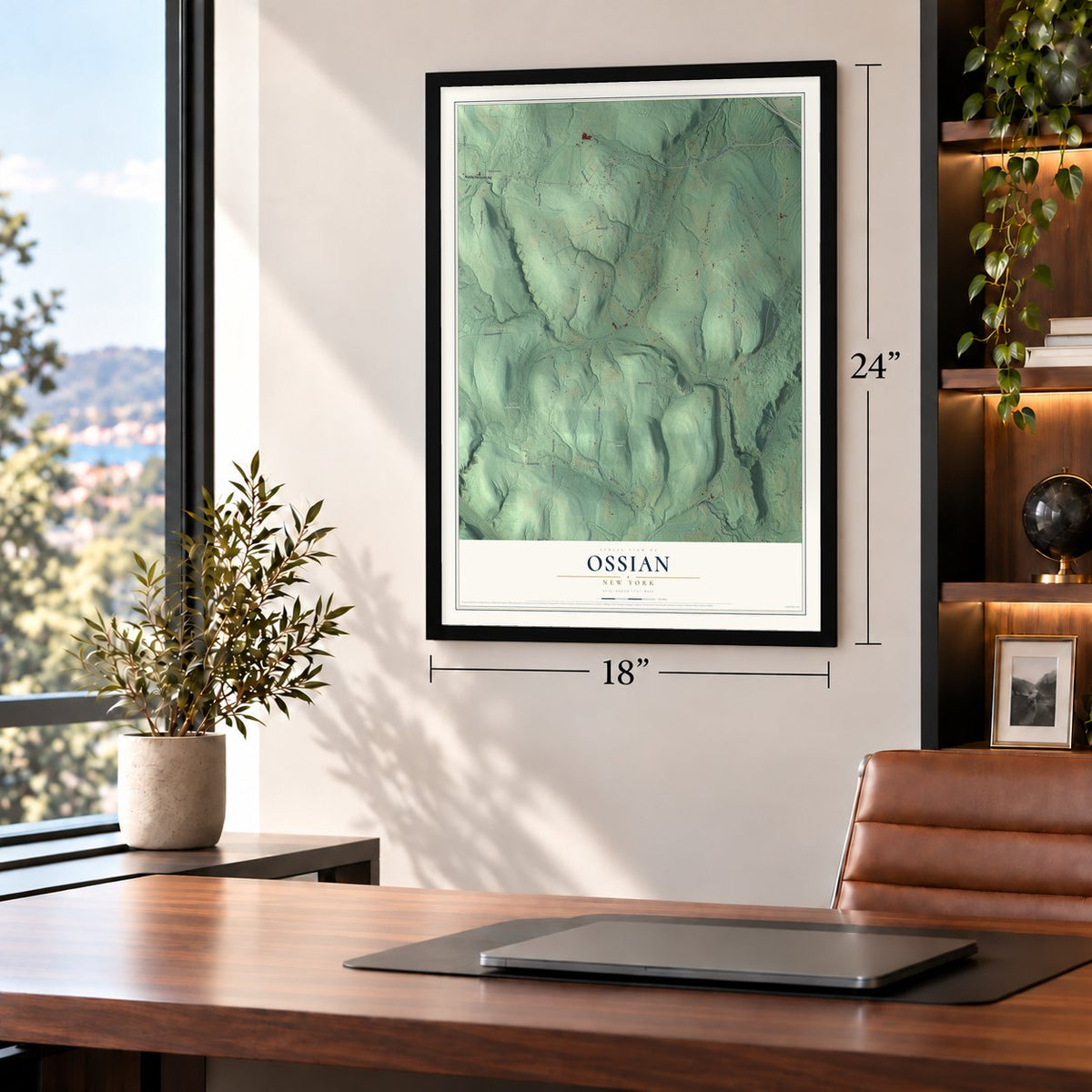 Ossian, New York map, 18 x 24 inch print in a black frame in a home office
