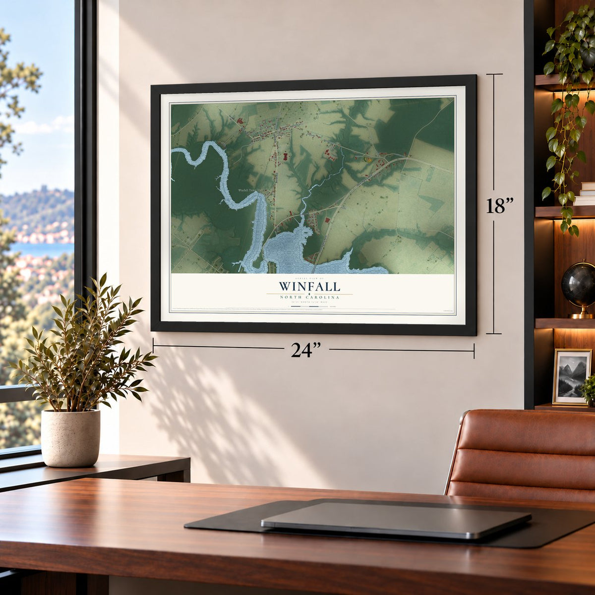 Winfall, North Carolina map, 18 x 24 inch print in a black frame in a home office