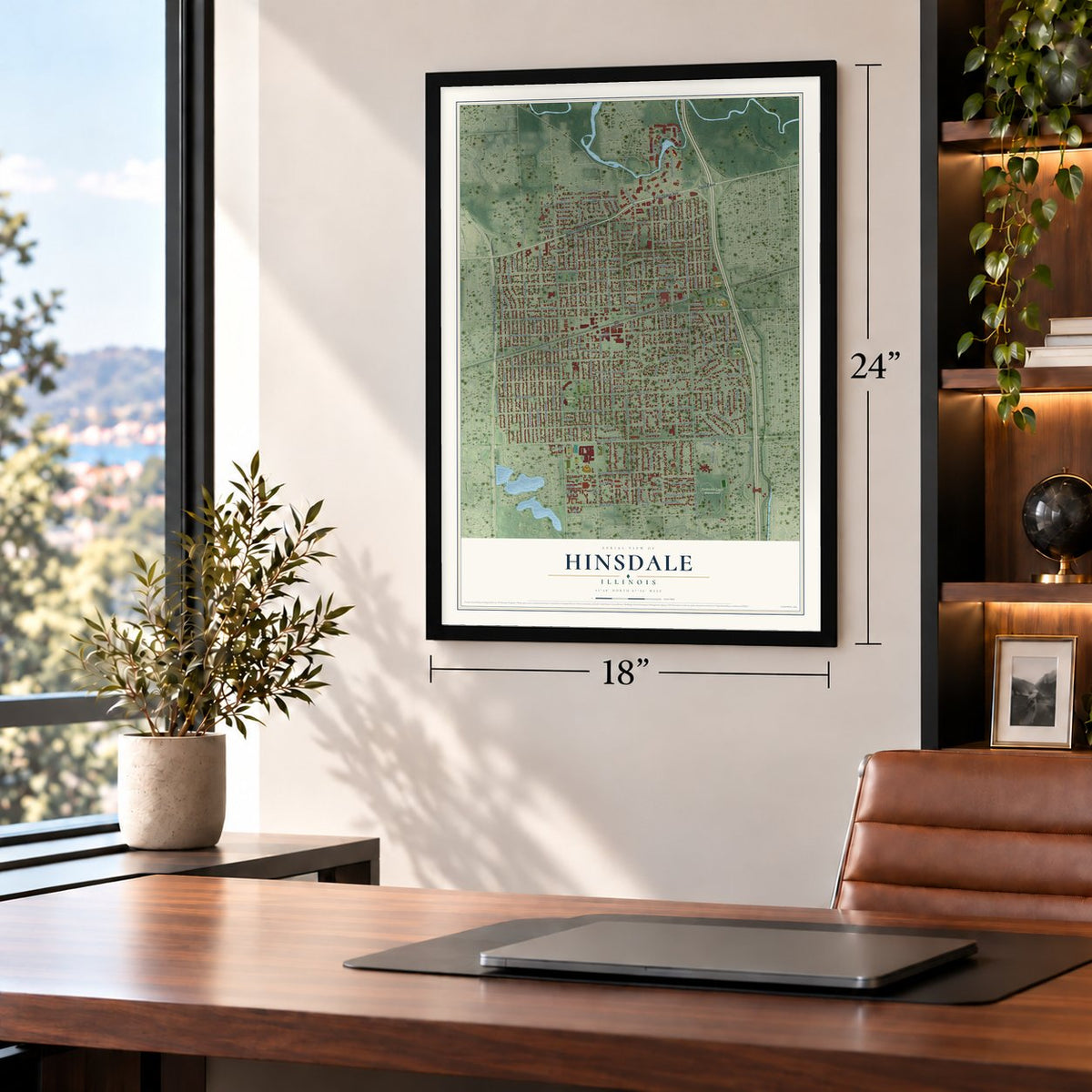 Hinsdale, Illinois map, 18 x 24 inch print in a black frame in a home office