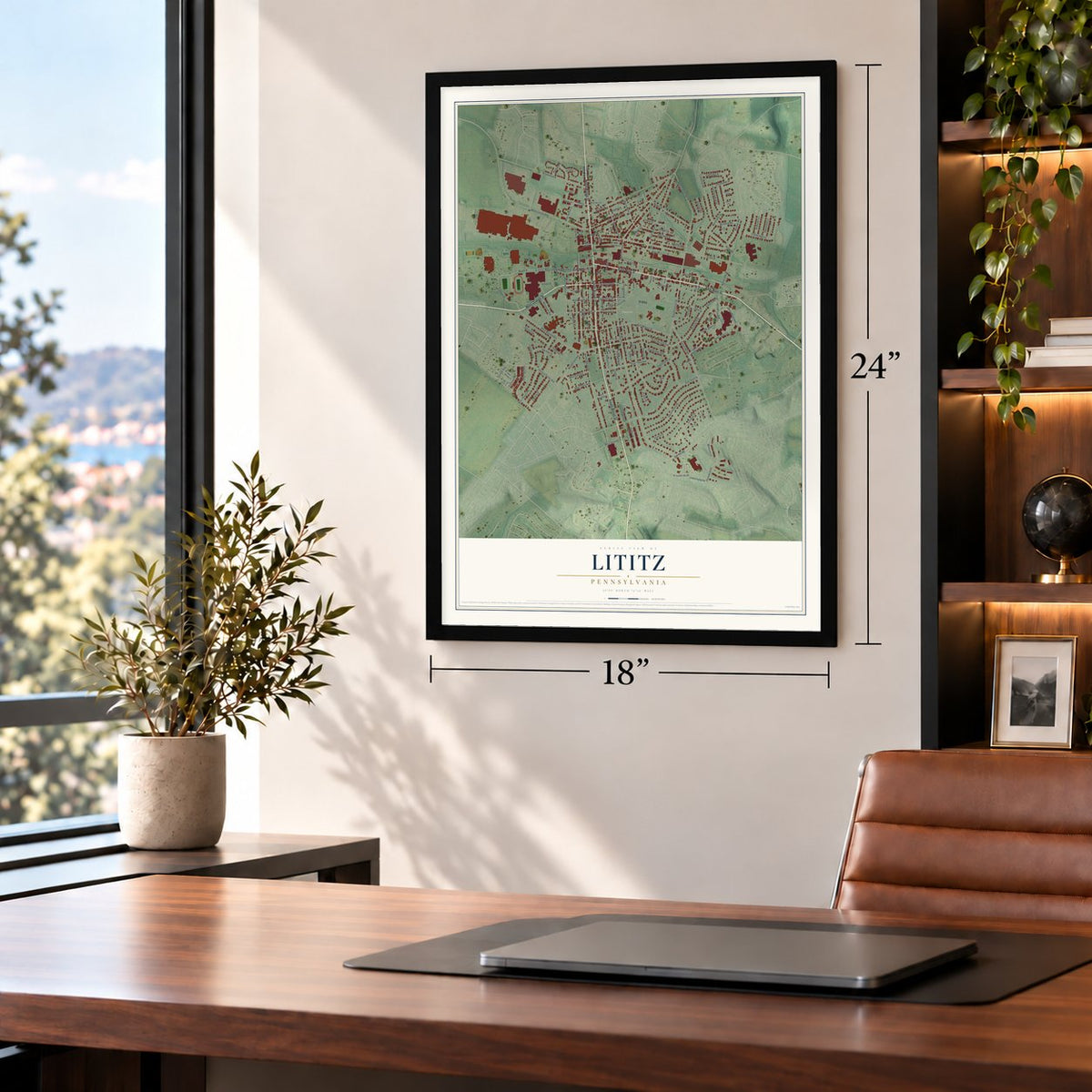 Lititz, Pennsylvania map, 18 x 24 inch print in a black frame in a home office