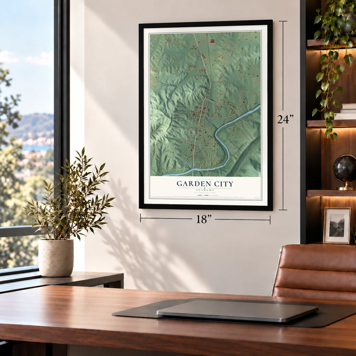 Garden City, Alabama map, 18 x 24 inch print in a black frame in a home office