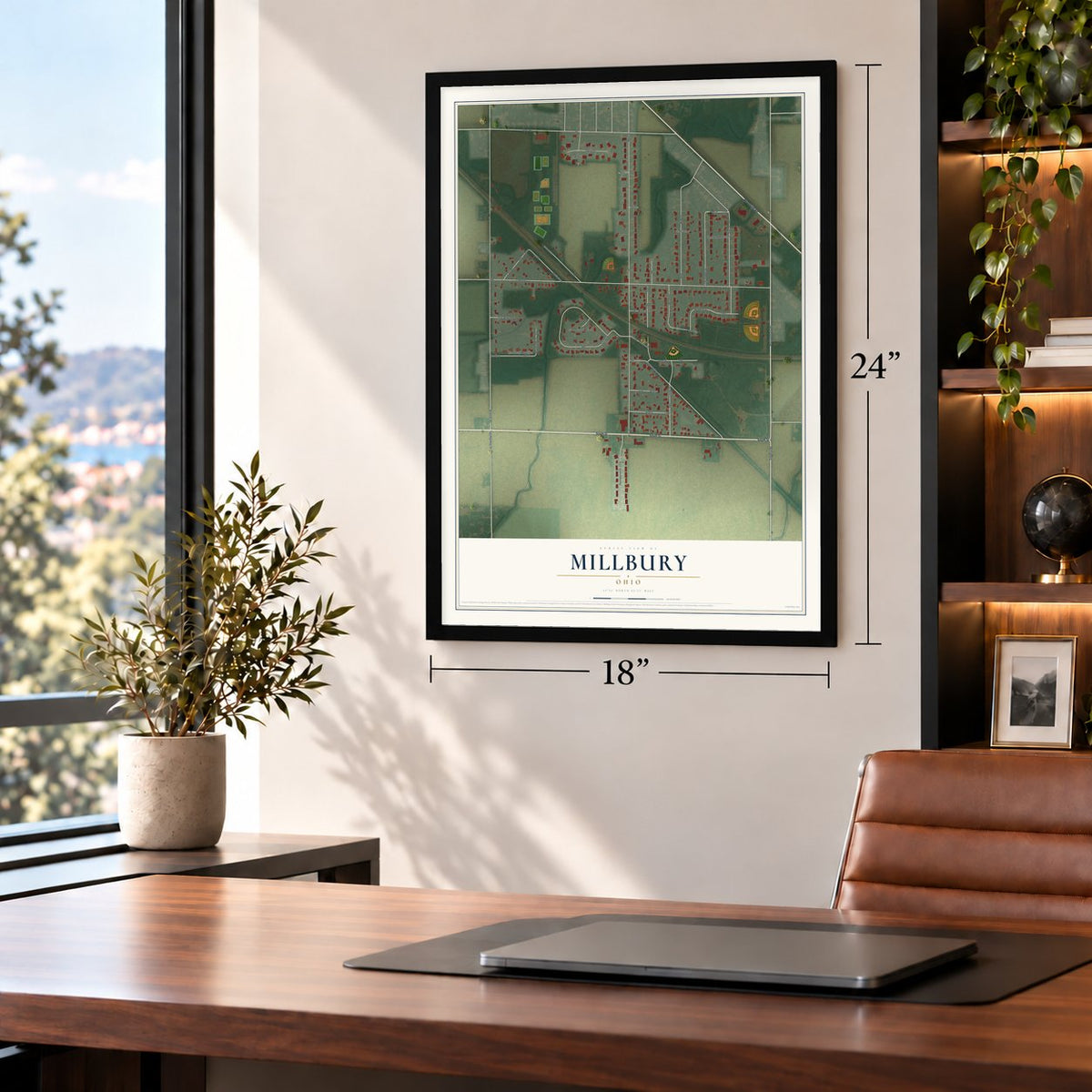 Millbury, Ohio map, 18 x 24 inch print in a black frame in a home office