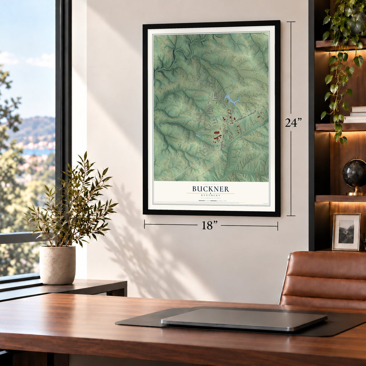 Buckner, Kentucky map, 18 x 24 inch print in a black frame in a home office