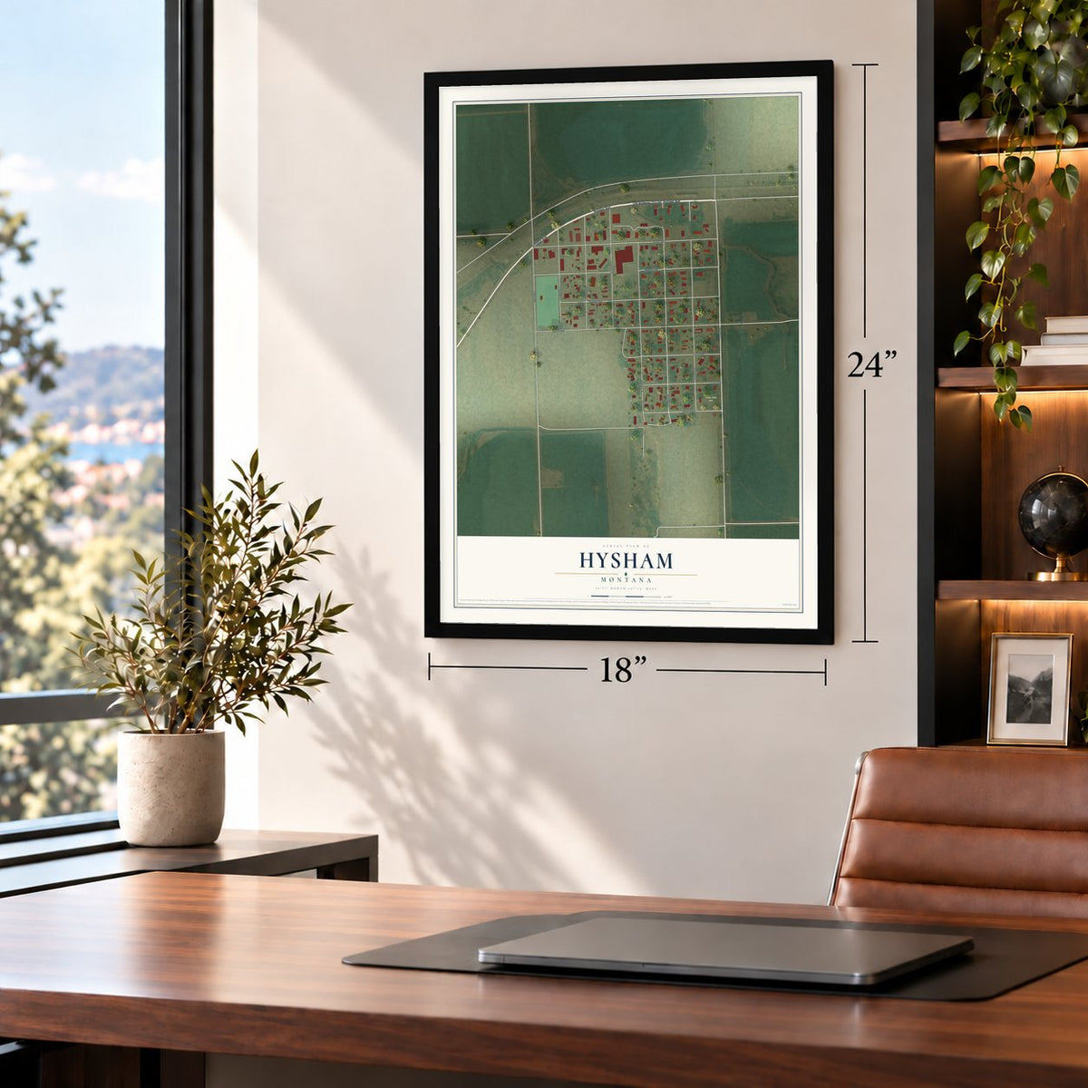 Hysham, Montana map, 18 x 24 inch print in a black frame in a home office