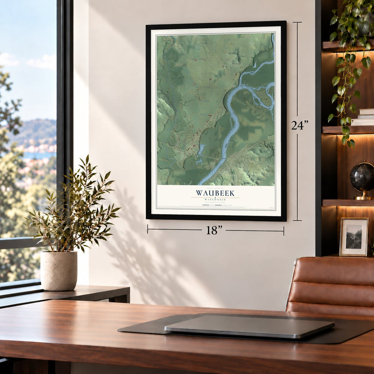 Waubeek, Wisconsin map, 18 x 24 inch print in a black frame in a home office