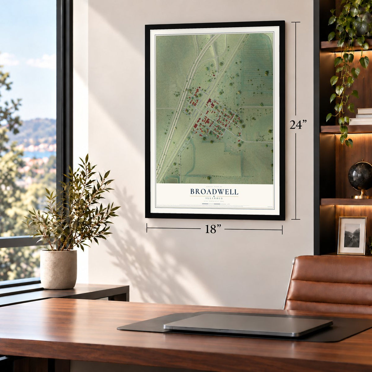 Broadwell, Illinois map, 18 x 24 inch print in a black frame in a home office