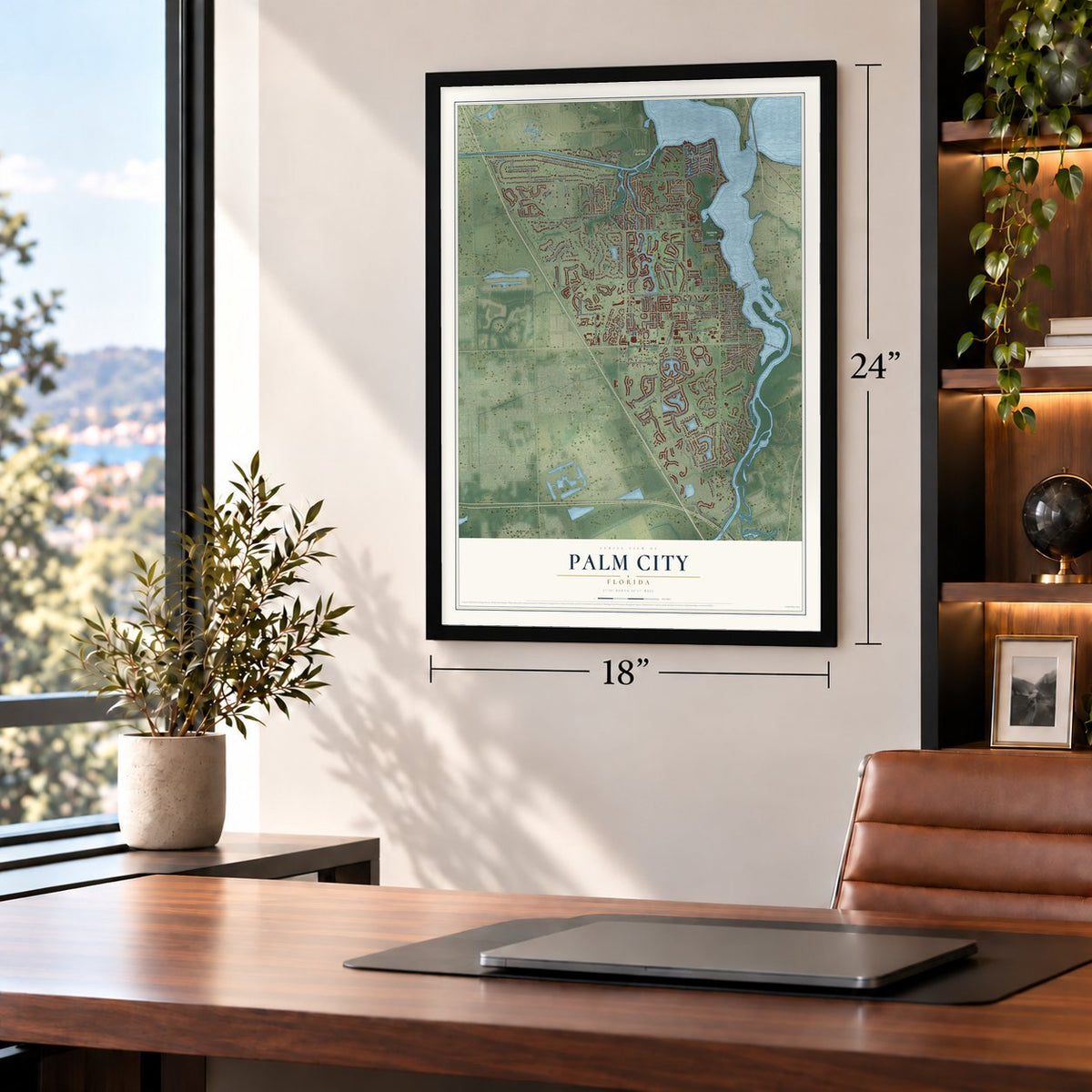 Palm City, Florida map, 18 x 24 inch print in a black frame in a home office