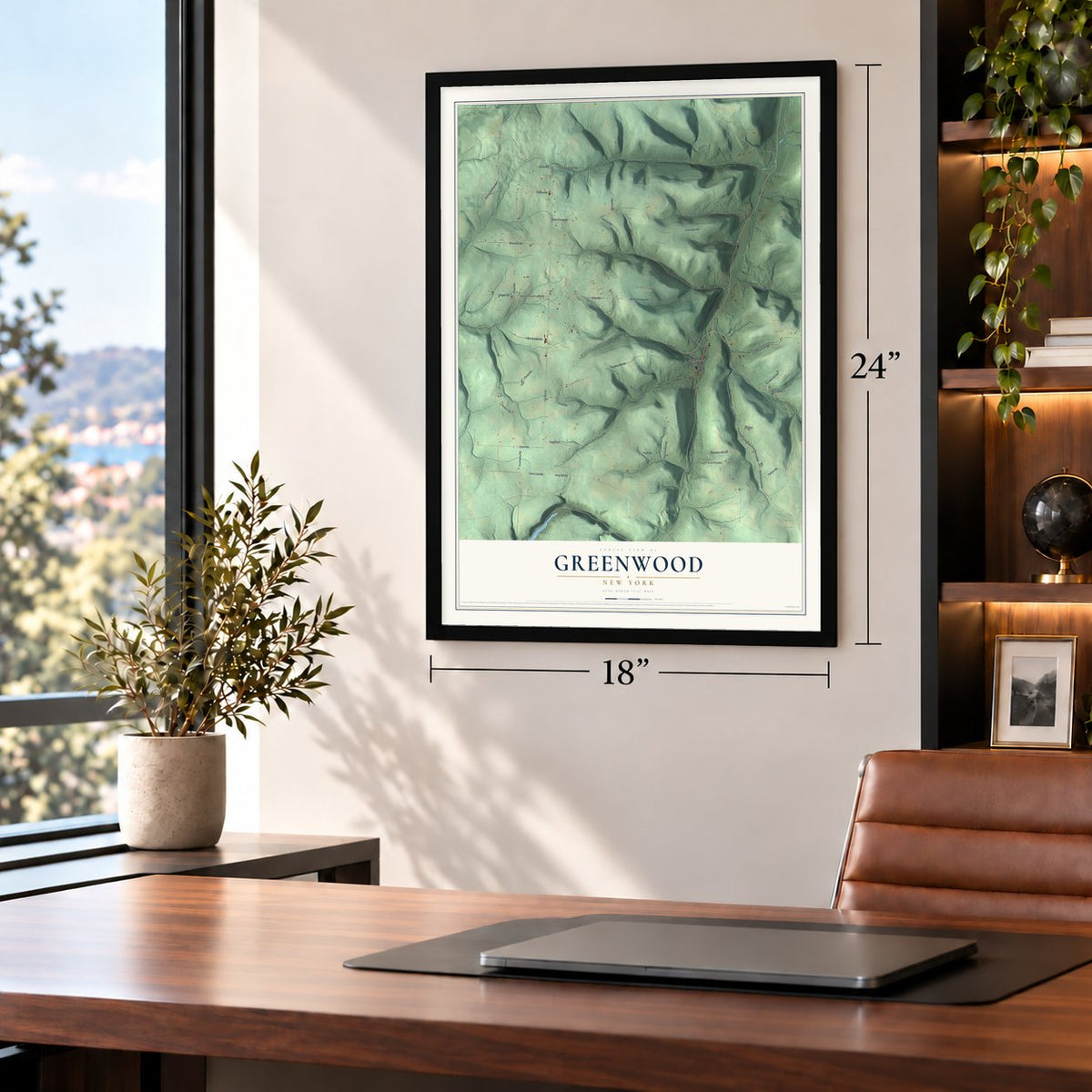 Greenwood, New York map, 18 x 24 inch print in a black frame in a home office