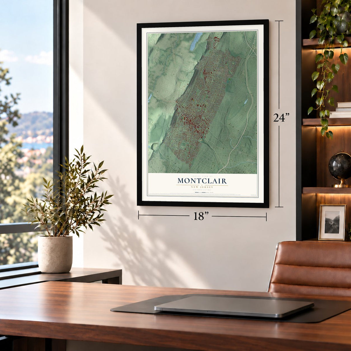 Montclair, New Jersey map, 18 x 24 inch print in a black frame in a home office
