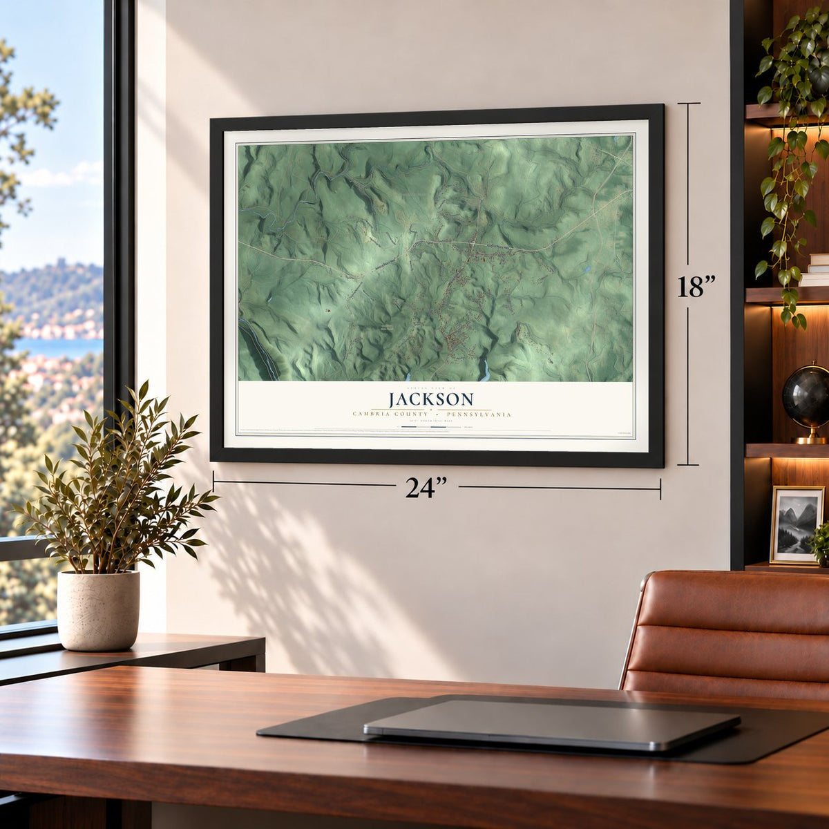 Jackson, Cambria County, Pennsylvania map, 18 x 24 inch print in a black frame in a home office