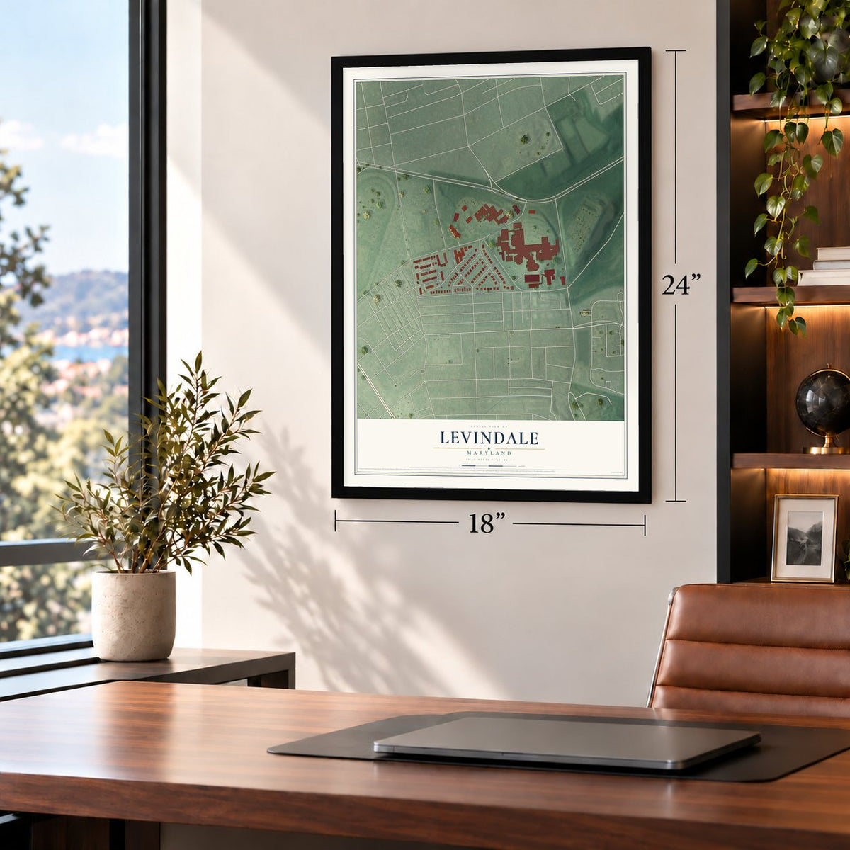 Levindale, Maryland map, 18 x 24 inch print in a black frame in a home office