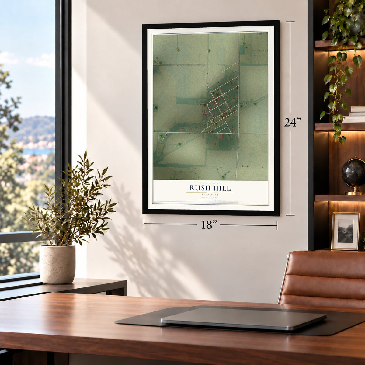 Rush Hill, Missouri map, 18 x 24 inch print in a black frame in a home office