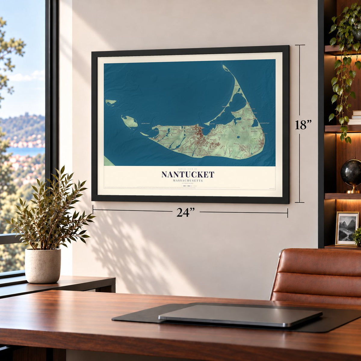 Nantucket, Massachusetts map, 18 x 24 inch print in a black frame in a home office