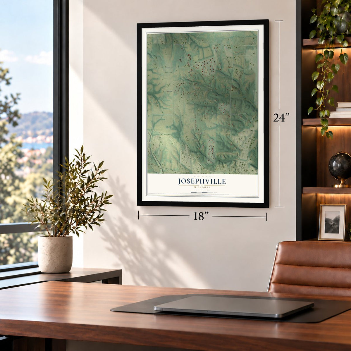 Josephville, Missouri map, 18 x 24 inch print in a black frame in a home office