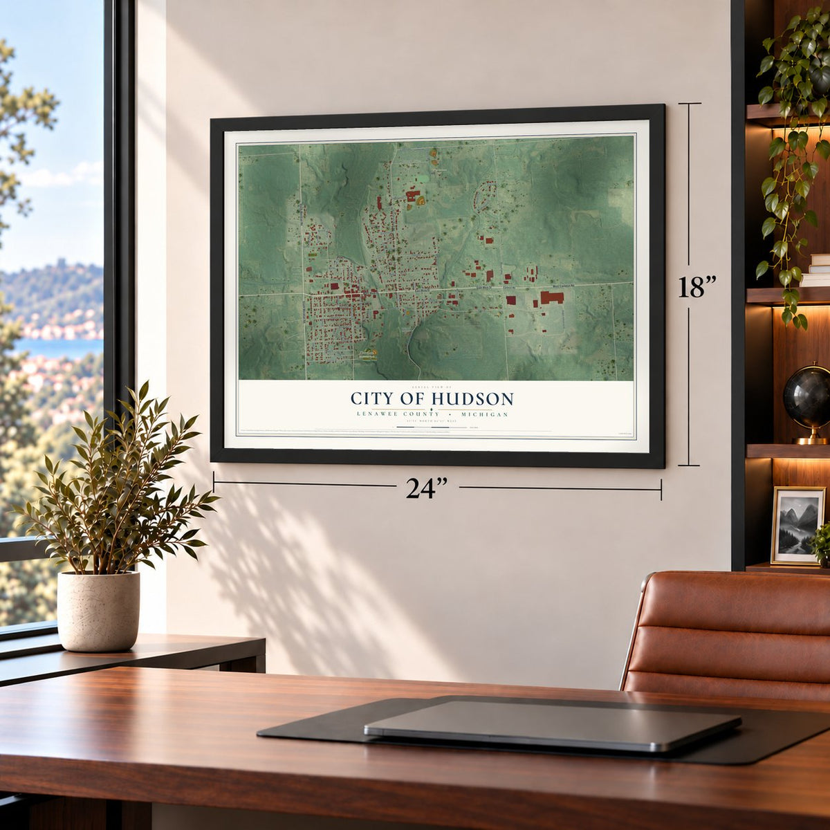 Hudson, Michigan map, 18 x 24 inch print in a black frame in a home office