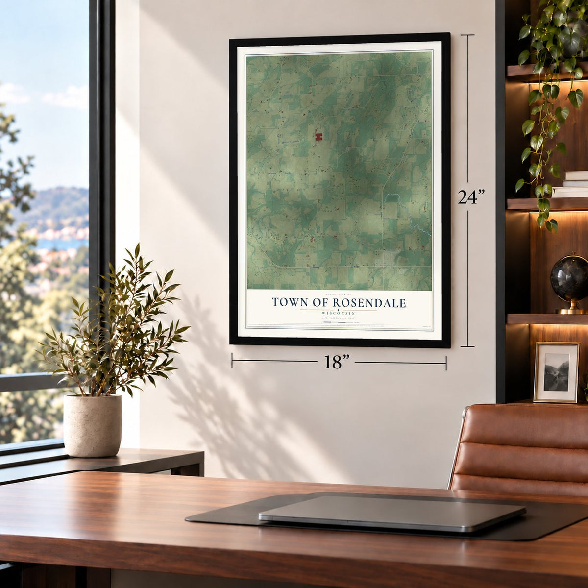 Town of Rosendale, Wisconsin map, 18 x 24 inch print in a black frame in a home office