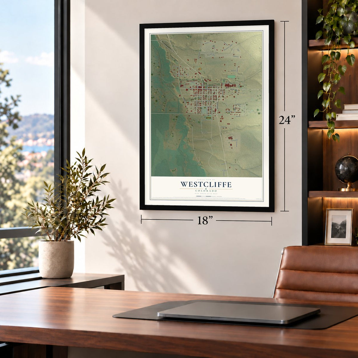 Westcliffe, Colorado map, 18 x 24 inch print in a black frame in a home office
