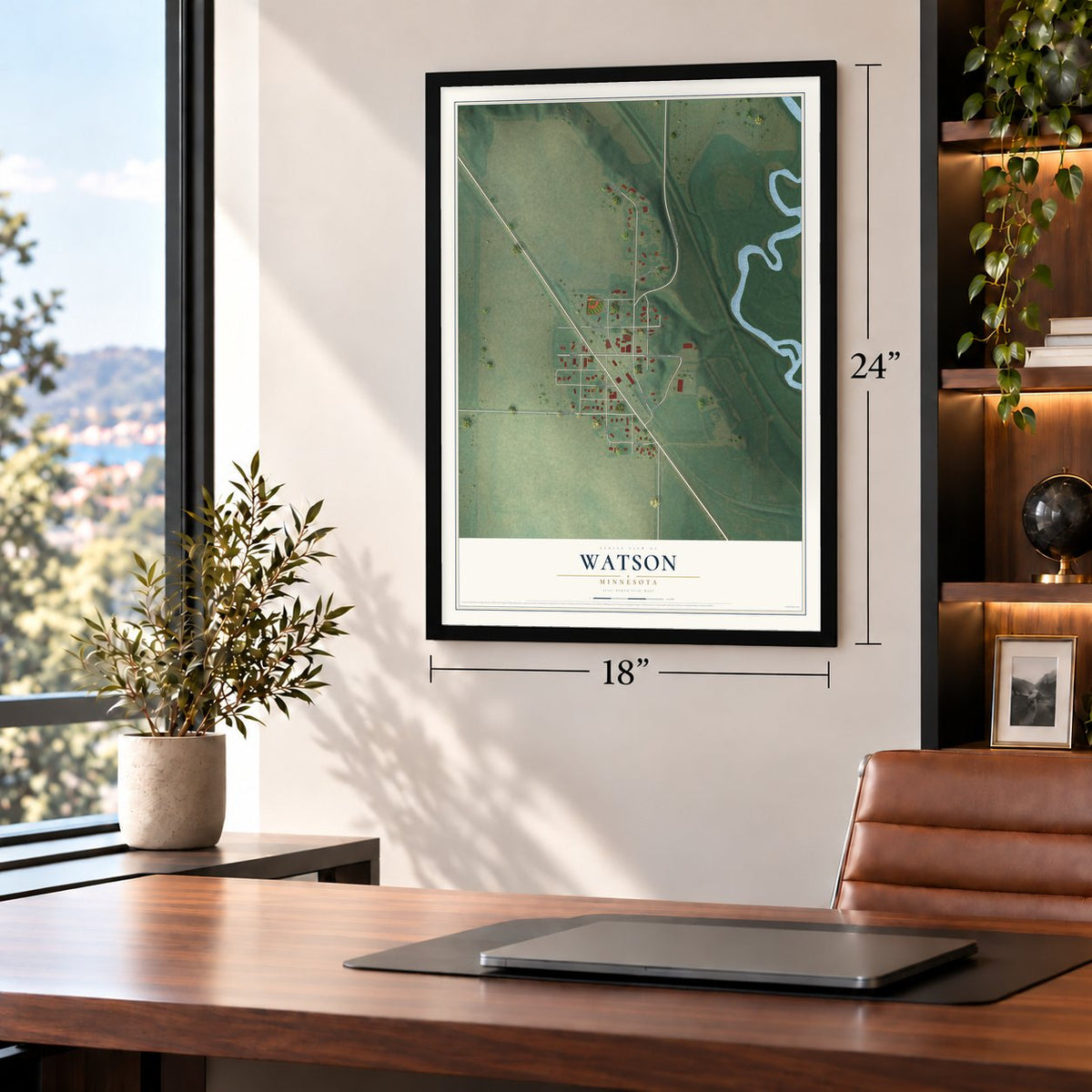 Watson, Minnesota map, 18 x 24 inch print in a black frame in a home office