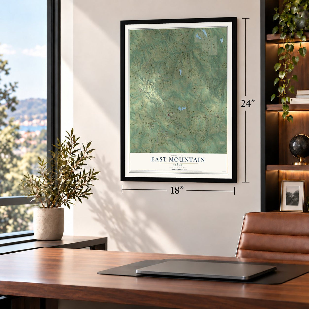 East Mountain, Texas map, 18 x 24 inch print in a black frame in a home office