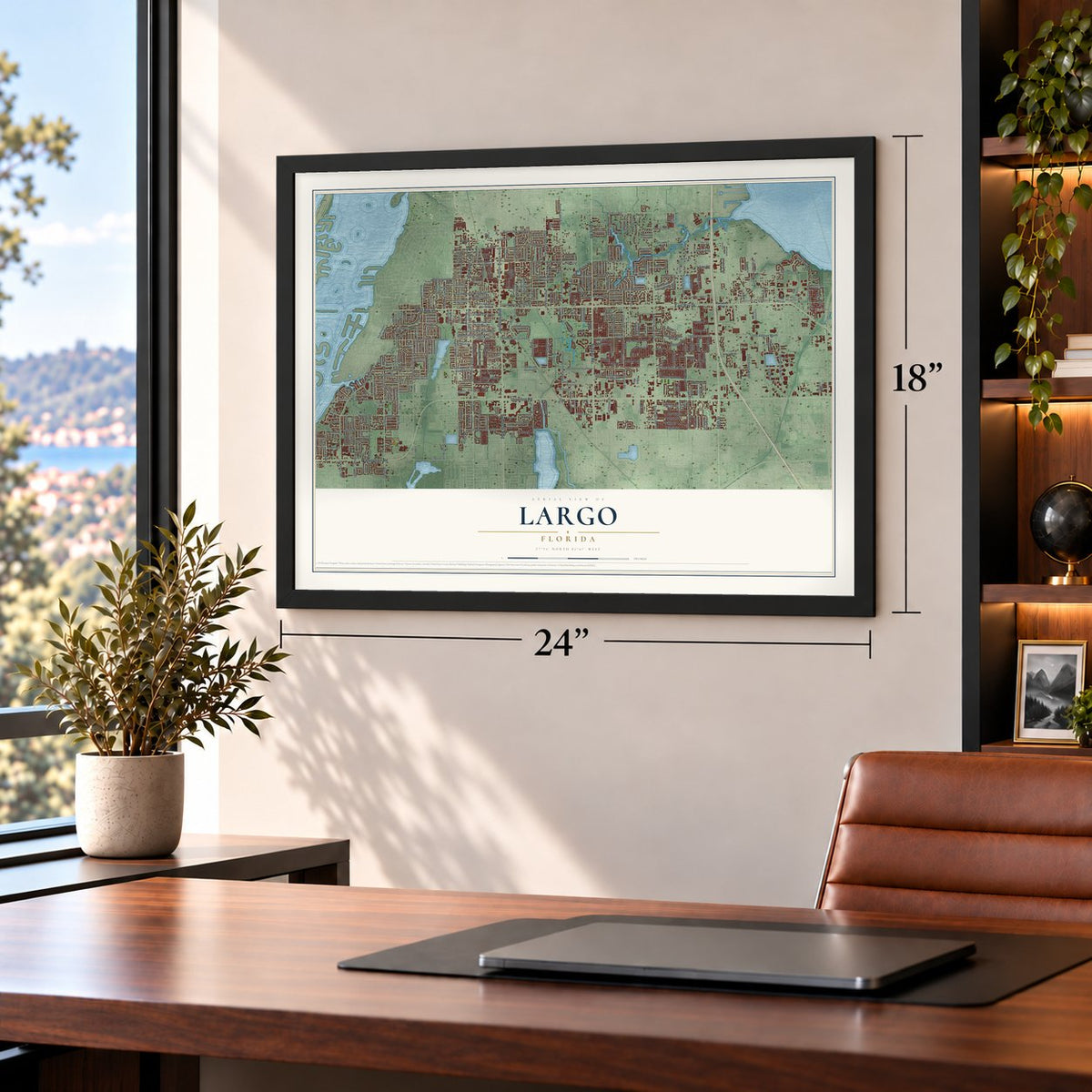 Largo, Florida map, 18 x 24 inch print in a black frame in a home office