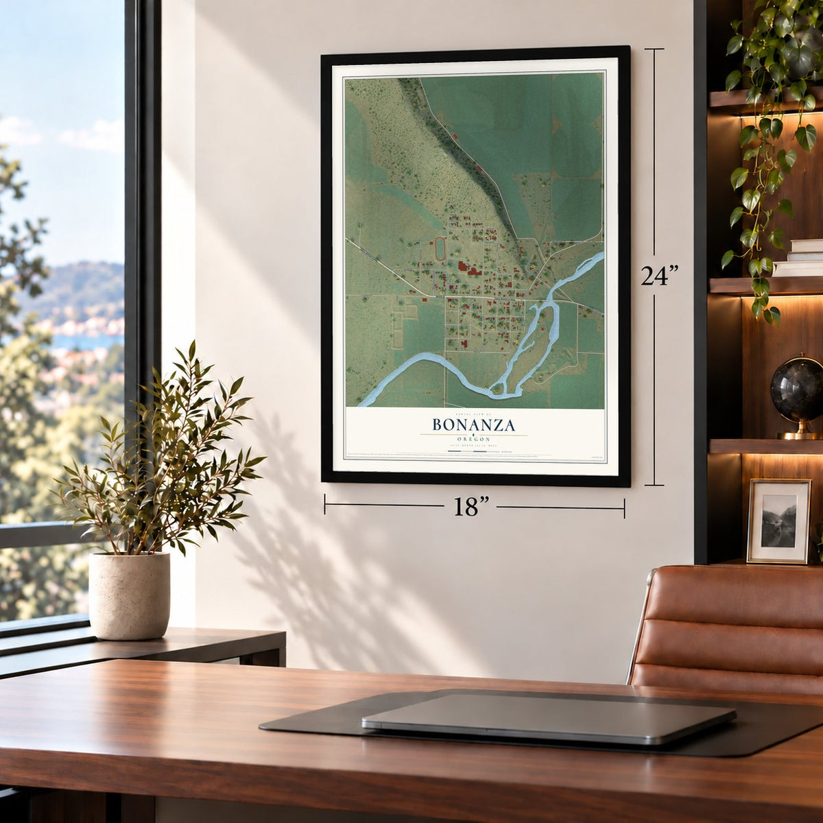 Bonanza, Oregon map, 18 x 24 inch print in a black frame in a home office