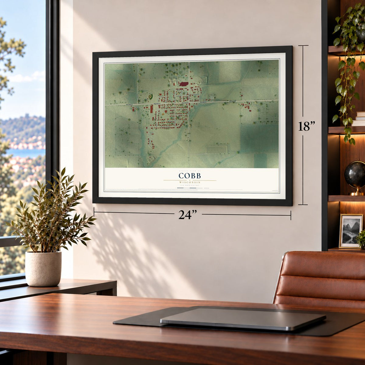 Cobb, Wisconsin map, 18 x 24 inch print in a black frame in a home office