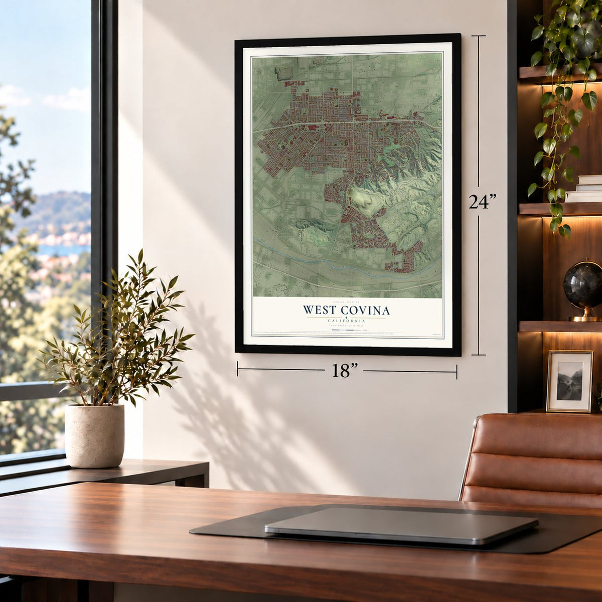 West Covina, California map, 18 x 24 inch print in a black frame in a home office