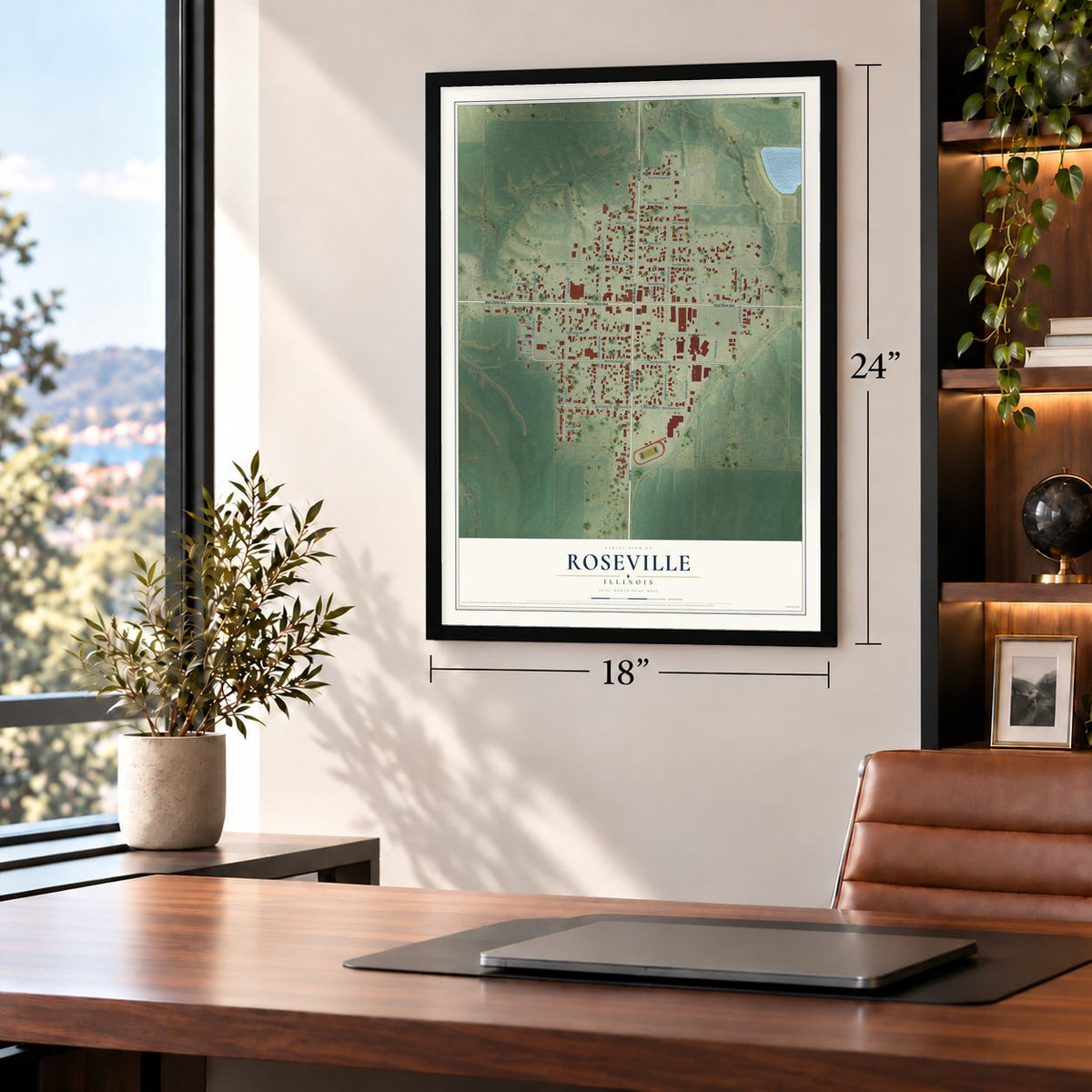 Roseville, Illinois map, 18 x 24 inch print in a black frame in a home office