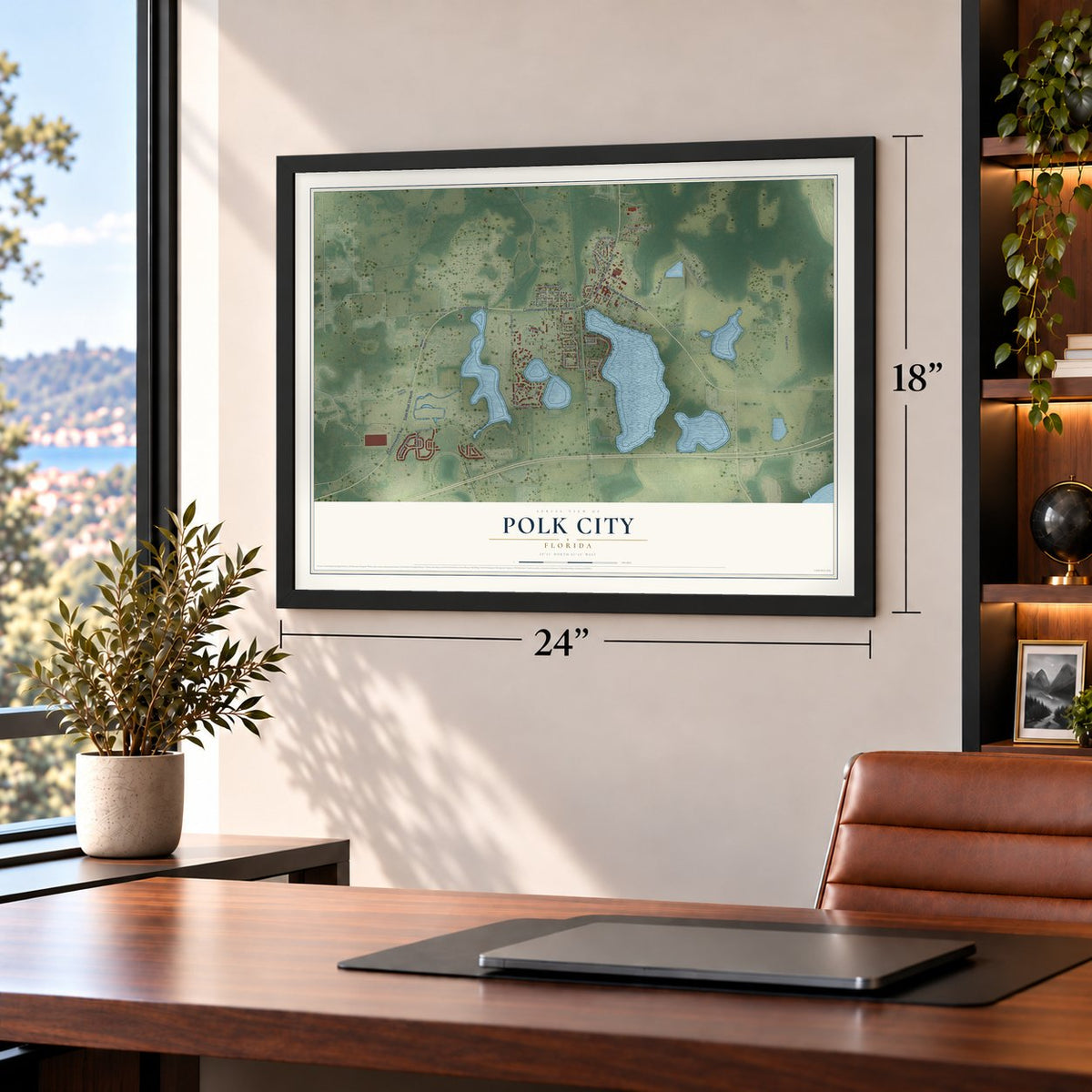 Polk City, Florida map, 18 x 24 inch print in a black frame in a home office
