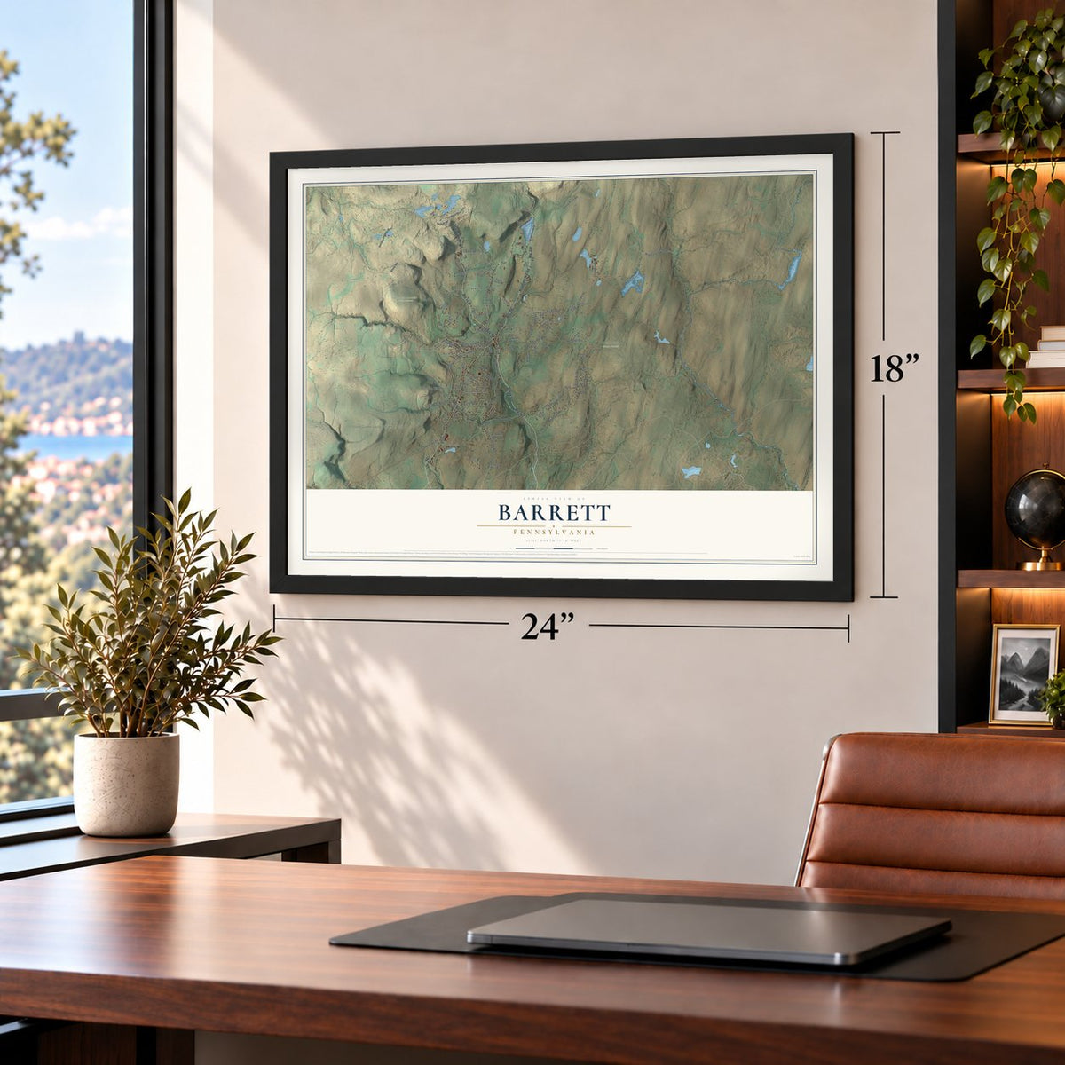 Barrett, Pennsylvania map, 18 x 24 inch print in a black frame in a home office