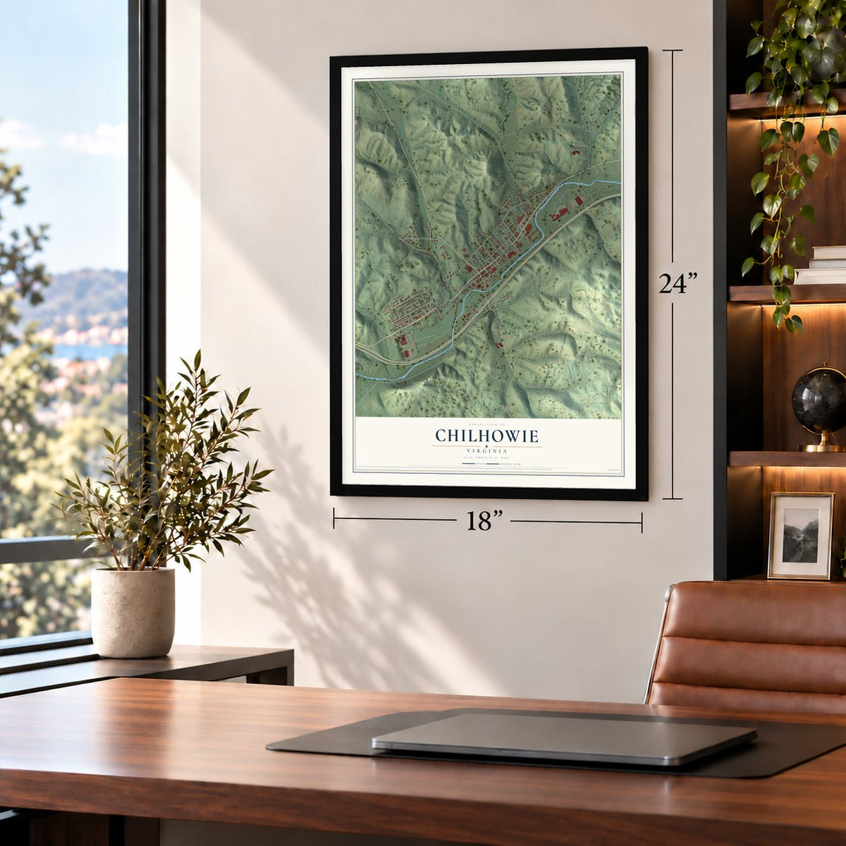 Chilhowie, Virginia map, 18 x 24 inch print in a black frame in a home office