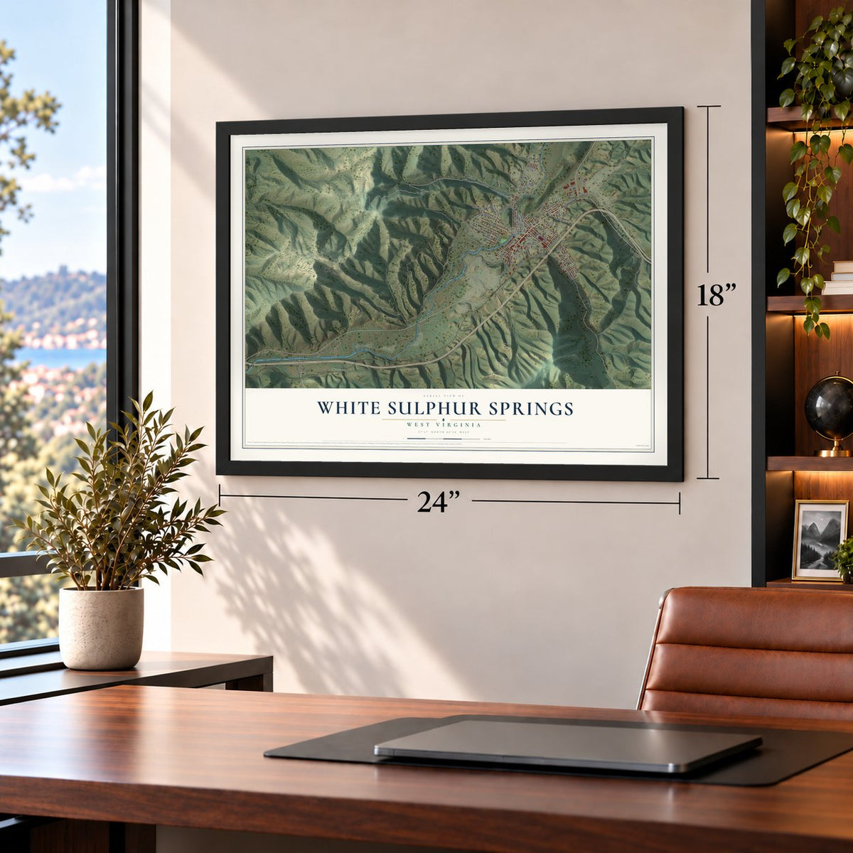 White Sulphur Springs, West Virginia map, 18 x 24 inch print in a black frame in a home office
