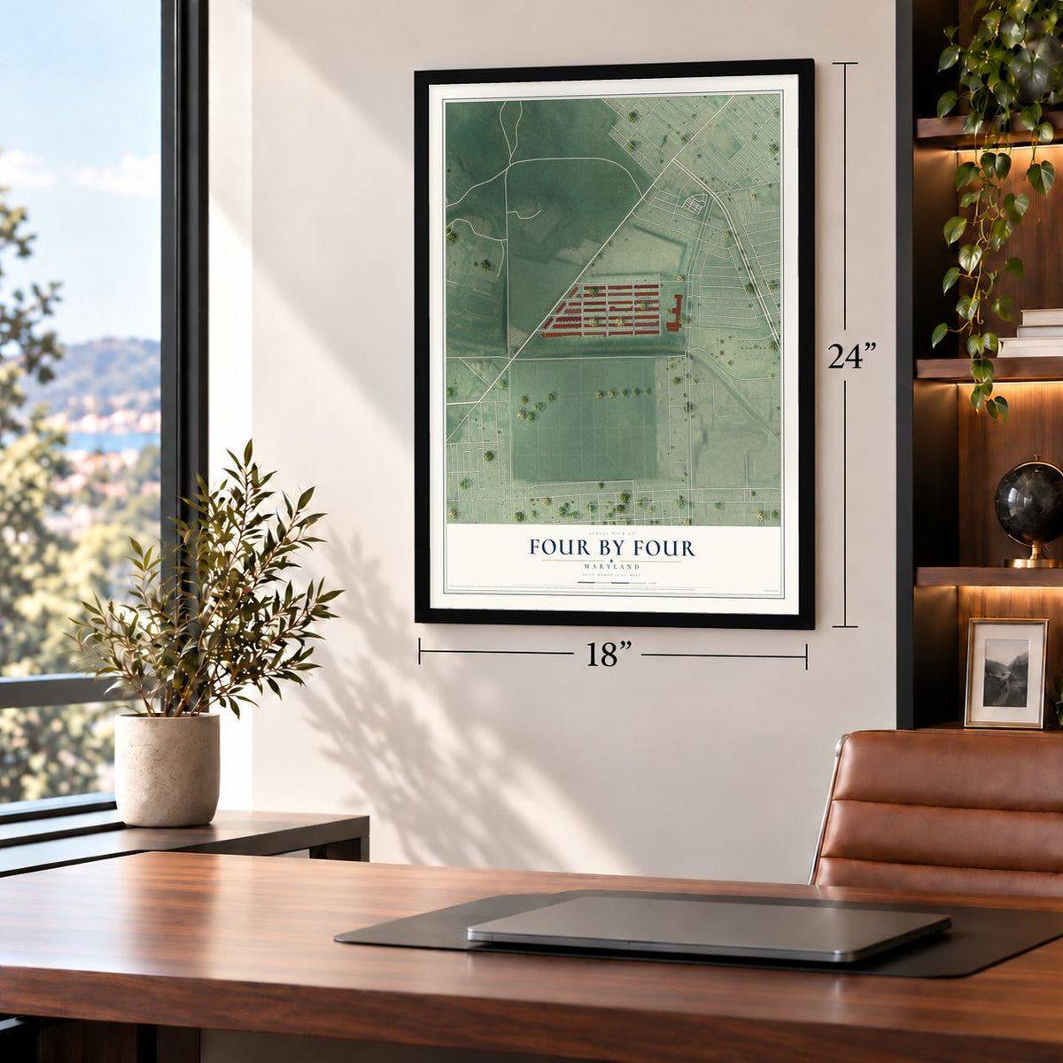 Four By Four, Maryland map, 18 x 24 inch print in a black frame in a home office